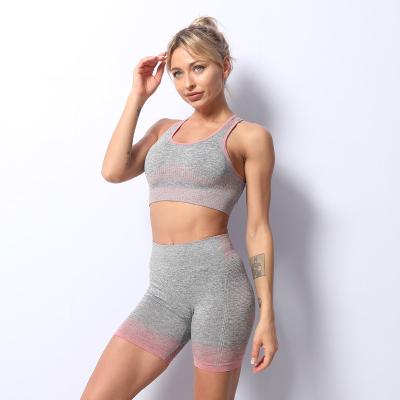 China Hot Selling 3 Piece Stripe Breathable Workout Wear Seamless Yoga Shorts Set For Women Active Wear Tops Gym Bra for sale