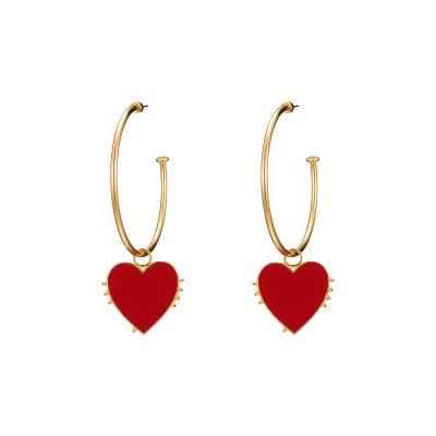 China Vintage Women Fashion Exaggerated Gold Plated Big Circles Red Heart Drop Dangling Earrings for sale