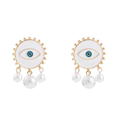 China TRENDY Women 2021 Fashion Geometric Round Enamel Eye Pattern Pearl Drop Earrings for sale