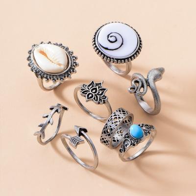 China Whole Shell Insert Flower Snake Shape Ring Set Turquoise Silver Ethnic Women's Jewelry Vintage Alloy Silver Plated Geometric for sale