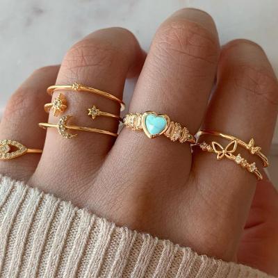 China FASHIONABLE Wedding Jewelry Heart Moon Star Butterfly Charm Ring Turquoise 2021 New Party For Women Gold Plated Alloy Ring Set 6 Sets NC; ZHE for sale