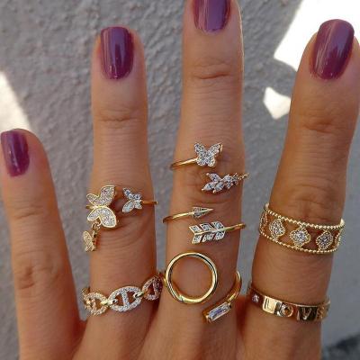 China Fashion Women Uniquely Crafted Gold Plated Double Butterfly Letters Love Ring Sets Jewelry for sale