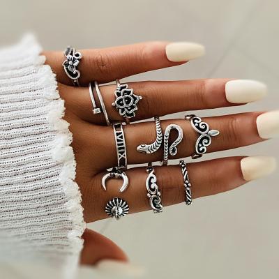 China 9 PCS/Set Women Lead Free Nickel Ethnic Silver Color Hollow Out Knuckle Rings Flower Snake Sun Carving Vintage Ring Set for sale