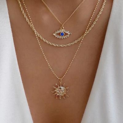 China Bohemia Bohemia Gold Plated Zircon Eye Shaped Multi Layered Sun Pendant Necklaces For Women for sale