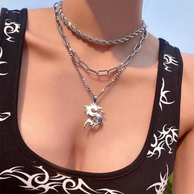 China 2021 New Hip Hop Jewelry Punk Cuban Chain Silver Color Multi Layer Dragon Pendant Necklace for sale