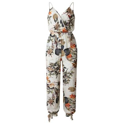 China Woman Fashion Anti-Static V-Neck Sexy Jumpsuits With Belt Cotton Floral Overalls for sale