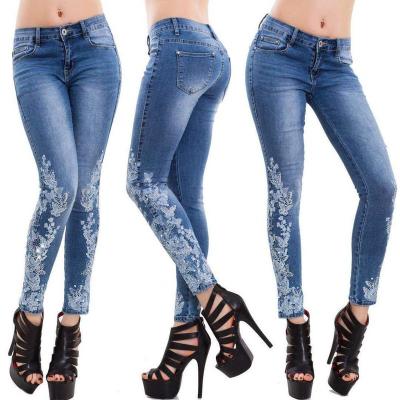 China Color Fade Proof Europe and America rank skinny straight jeans women slim embroidered jeans for sale