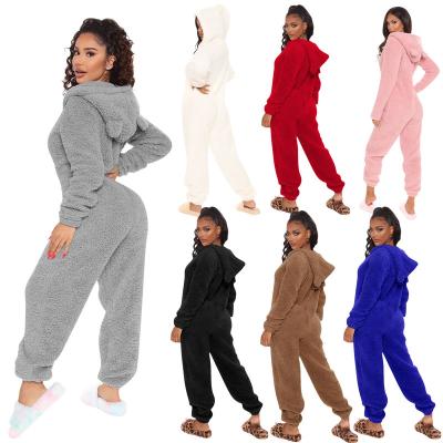 China Winter Anti-Static Pure Hoodie Plush Color Overalls Woman Onesie Rompers Pajamas Home Overalls for sale