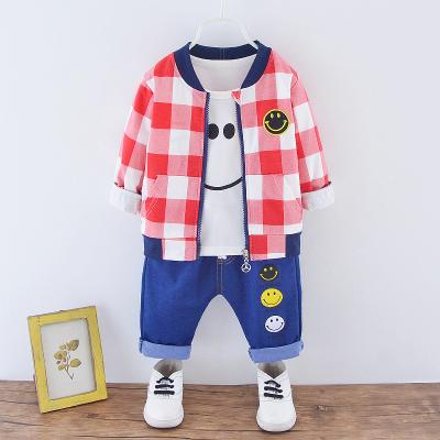 China 0-4 Years Old Cartoon Smiling Kid Casual 3 Piece Set Fashion Plaid Coat Shirt Jeans Baby Boy Casual Suit for sale