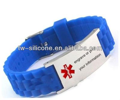 China Fashion Silicone Wristband For Diabetes Custom Engraved Logo Alloy Plate ID Wristband for sale