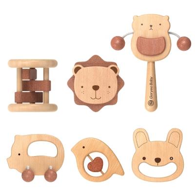 China Educational Wooden Baby Ratchets Wooden Toys Teether Pacifier Clip Holder Baby Teething Toy With Crochet Beads For Baby for sale