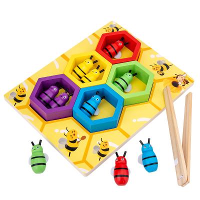 China Educational Toddler Fine Motor Skill Toy Clamp Bee To Hoard Matching Game Montessori Wooden Color Sorting Puzzle Preschool Educational Toys for sale