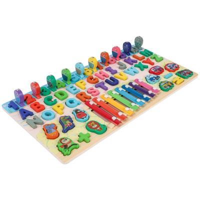 China Educational 6 in 1 Number Wooden Puzzles Matching Toys with Xylophone Fruit Shape Animal Sorter Counting Game Preschool Study Toys for sale