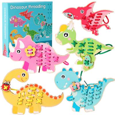 China Educational Wooden Dinosaur Threading Toys Montessori String Bead Toys Preschool Learning Educational Sewing Game Toy for for Boys and Girl for sale