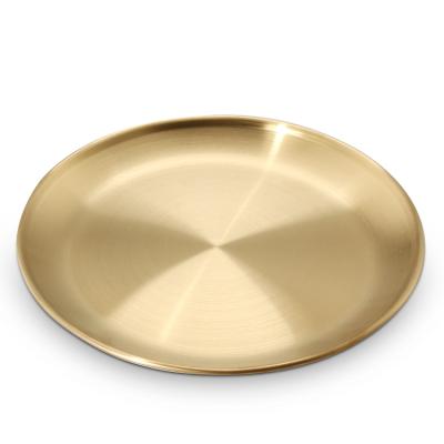 China Sustainable Korean Style Round Wall 304 Stainless Steel Dessert Dish Kitchen Double Serving Dishes Salad Round Dish Cake Tray for sale