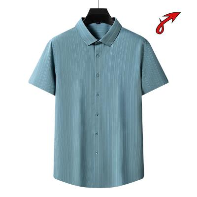 China Summer Men's Business Anti-pilling Fiber Striped Shirt Short Sleeve Thin Lapel Bamboo Micro-elastic Slim Micro-elastic for sale