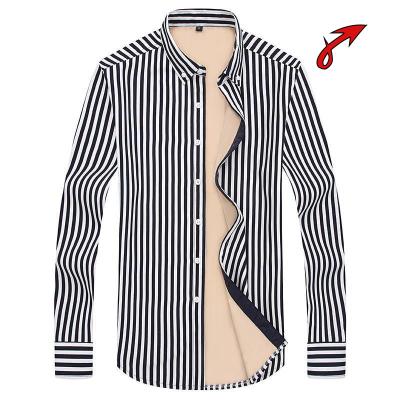 China Anti-pilling men's autumn winter long-sleeved warm shirt padded business thickened striped shirt for sale