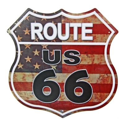 China Wholesale China Route 66 Metal Wall Art Decoration 3d Embossed Plaques Vintage Metal Painted Signs Shield Shaped Retro Tin Signs for sale