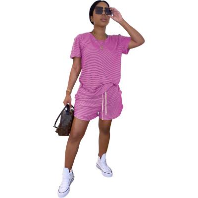 China QUICK DRY Summer Women Striped Sets Casual O-Neck T-Shirts Shorts 2pcs Tracksuits Sports Clothing Loose Comfortable Wear for sale