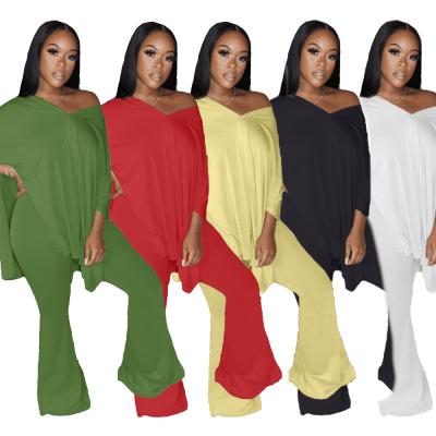 China QUICK DRY Feminine Women Clothing Autumn Tracksuits 2pcs Sets Bat Wing T-Shirts Flare Pant Designer Solid Color Casual Suits Set for sale