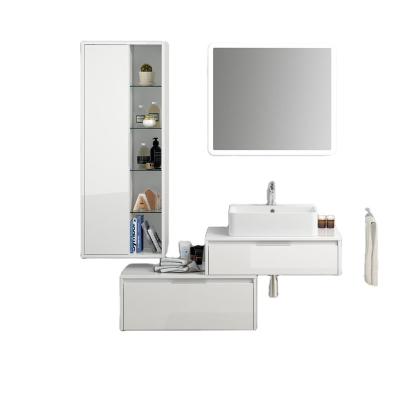 China Modern Cheap High Gloss Europe Lacquer Finish Oak Wood Washroom Bathroom Vanity Combo With Wall Mounted Cupboards for sale