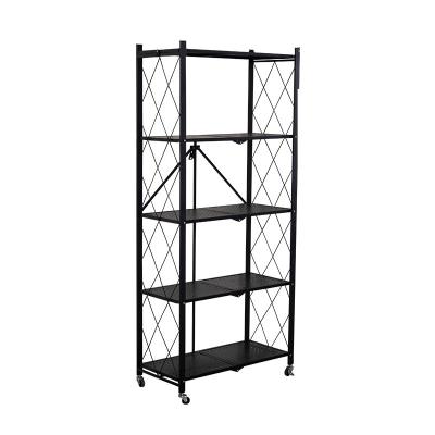 China Screwless 5 Tier Storage Metal Viable Foldable Shelf With Wheels Multifunctional Home Storage Kitchen Storage Rack for sale