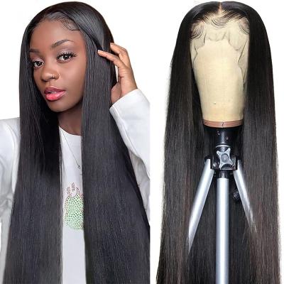 China Baby Hair Around Glueless 13x4 HD Human Hair Pre Plucked Lace Front Wigs With Baby Hair 180 Density Transparent Indian Straight Lace Frontal Wigs for sale