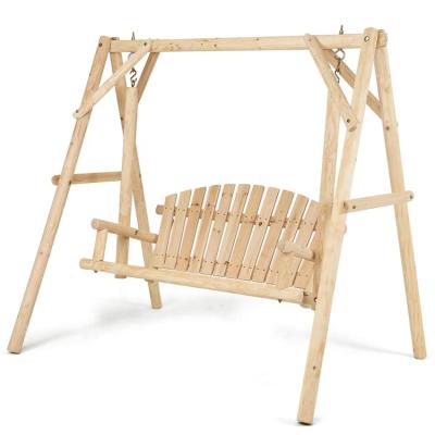 China Eco-Friendly Rustic Outdoor Wooden Swing Porch Chair Patio Wood Hanging Swing Chair for sale