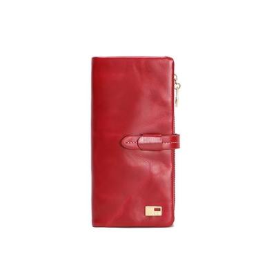 China Multifunctional Women's Wallet Oil Wallet Anti-theft Multi-Card Long Wax Red Leather Coin Cell Phone Wallet for sale