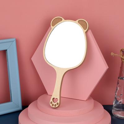 China Custom Creative Wooden Hand Mirrors Design Makeup Hand Held Cosmetic With Handle Cute Cat Ear Mirror Makeup Mirror for sale