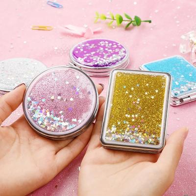 China Custom Portable Shiny Cute Foldable Contract Vanity Mirror Makeup Mirror Handheld Quicksand Pocket Mirrors For Girls for sale