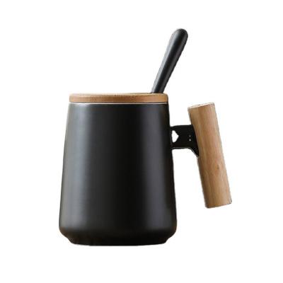 China White and Black Matte Coffee Mug With Wooden Handle Ceramic Viable Japanese Style for sale