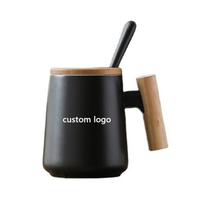 China Gift Viable Creative Porcelain Mugs Wood Handle Ceramic Mug With Lid And Spoon Student Office Coffee Cup Bamboo Tea Cup Mug for sale