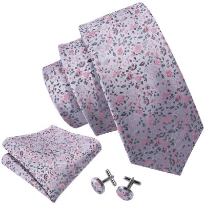 China Polyester Most Popular Vintage White Mens Italian Silver Silk Blush Floral Tie Set for sale