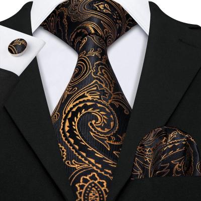 China Wholesale Mens Silk Black Gold Paisley Silk Ties Set Custom Ties for sale