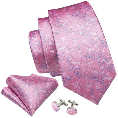 China Casual Formal High Quality Pink Light Blue Flowers Silk Ties Ties Men's Handkerchief Cufflinks Set for sale