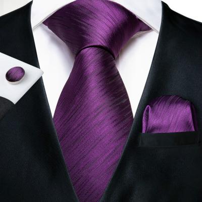 China Wholesale Formal Casual Fashion Dark Purple Solid Stripes Mens Tie Silk Handkerchief Set for sale