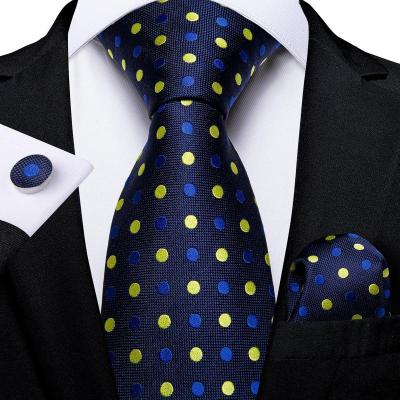 China Latest Design China Suppliers Silk Ties Manufactures Blue Yellow Polka Dot Mens Silk Ties And Handkerchief Set for sale