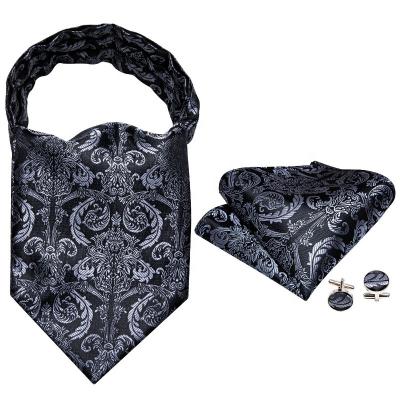 China New Popular Black Silver Jacquard Floral Mens Silk Scarf Pocket Square Set for sale