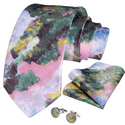 China Fashion Quality Casual Formal Pink Green Print Floral Silk Tie Handkerchief Cufflink Set For Men for sale