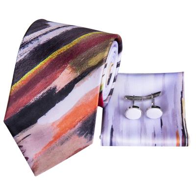 China Polyester Hi-link Wholesale White Brown Classic Silk Mens Tie Handkerchief Tie Cufflinks Handmade Colorful Printed Set for sale