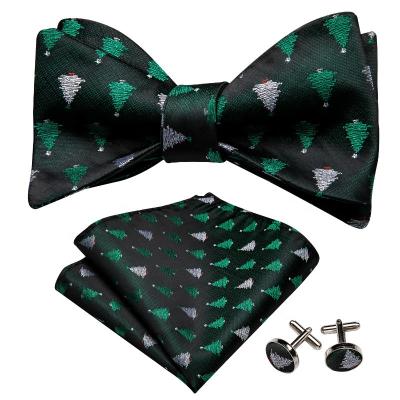 China New Design Dark Green Tree Dobby Handsome Pattern Men's Silk Self Tie Christmas Bow Tie Set for sale