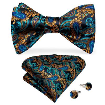 China Wholesale Custom Blue Paisley Men's Gold Paisley Bowtie Luxury Tie Bowtie And Pocket Square Individual Set for sale