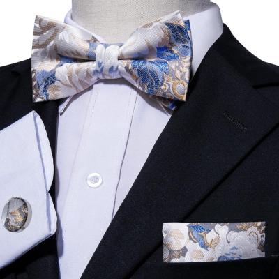 China Luxury White Navy Polyester Gold Bow Tie Floral Hombres Pajarita Set for sale