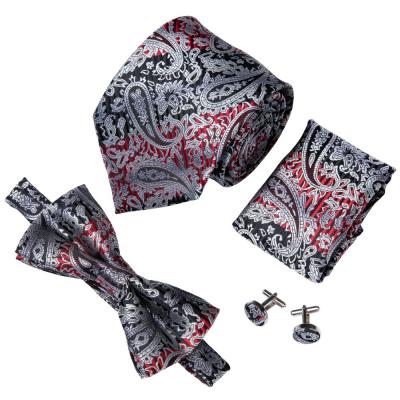 China Custom Bowties and Pocket Square Dobby Set Black Red Paisley Bow Ties Neckerchief for sale