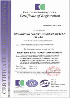 ISO9001:2015 - Guangzong County Hengwei Bicycle Co., Ltd.