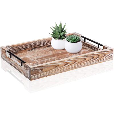 China Rustic Home Decor Wooden Tray Large Ottoman Serving Tray Coffee Table Decor Home Decor With Handles for sale