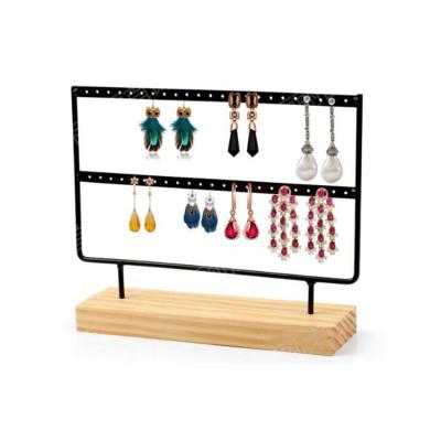 China Organizer Jewelry Display Organizer 2 Layers Metal Earring Holder Black Earring Display Rack Jewelry Holder with Wooden Base for sale