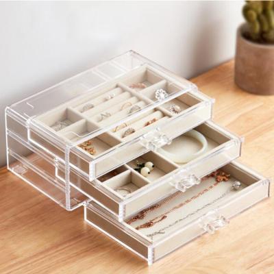 China Multifunction Velvet Jewelry Display Organizer Acrylic Jewelry Box Organizer with 3 Drawers for Earring Bangle Bracelet Necklace Rings Storage for sale