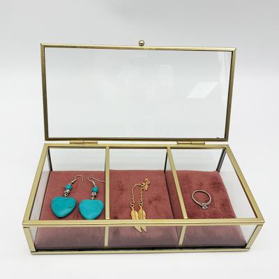 China 3 Frame Custom Viable Grid Viable Glass Jewelry Box Delicate Organizer Ring Necklace Storage Box Gold for sale